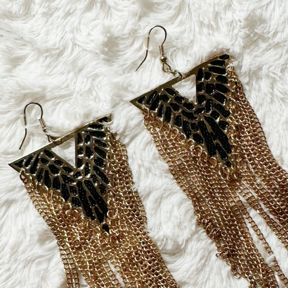 Black and Gold Tone Fringe Earrings - Picture 2 of 3